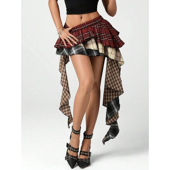 Y2K Punk Emo Skater Asymmetrical Patchwork Plaid Mini Skirt - S, M, : - Picture 1 of 5